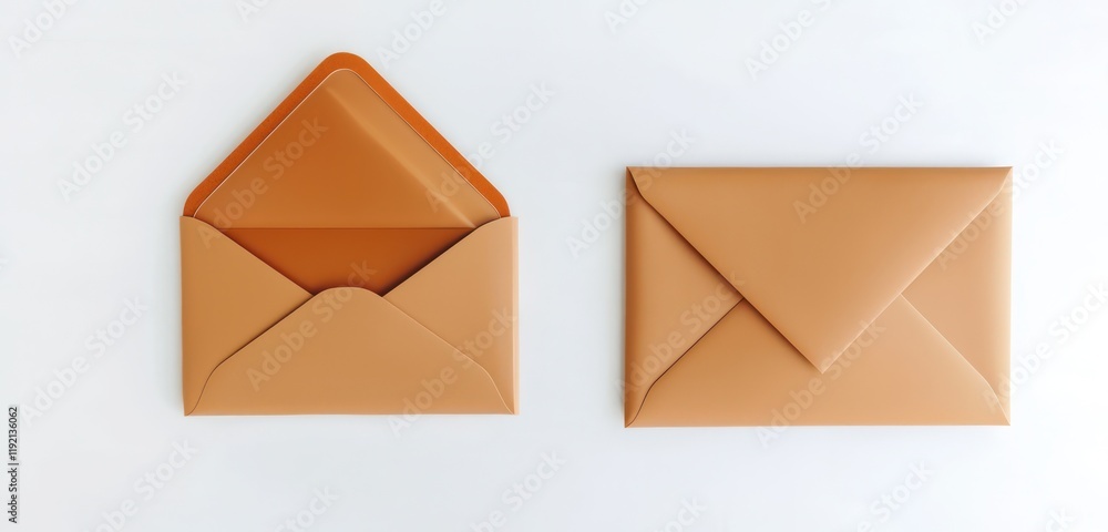 Poster minimalistic stock photo showing two caramel envelopes with one flap opened.