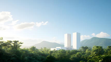 Fototapeta premium A sustainable fuel processing plant surrounded by lush green foliage, set against a bright blue sky. The facility includes modern infrastructure, clean energy systems, and landscaped areas with solar