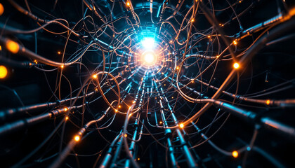 Obraz premium Futuristic Abstract Background. Blue 3D Spiral with Glowing Circles and Fractal Energy Patterns.