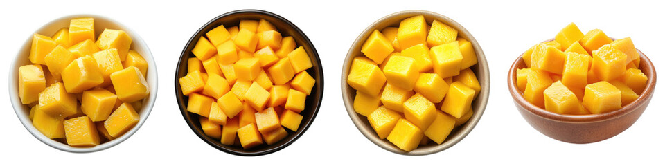Mango cubes in bowl isolated on transparent background, Set of