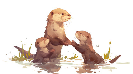 Playful otters interacting in serene water setting, showcasing their social behavior and curiosity. scene captures essence of wildlife and nature beauty