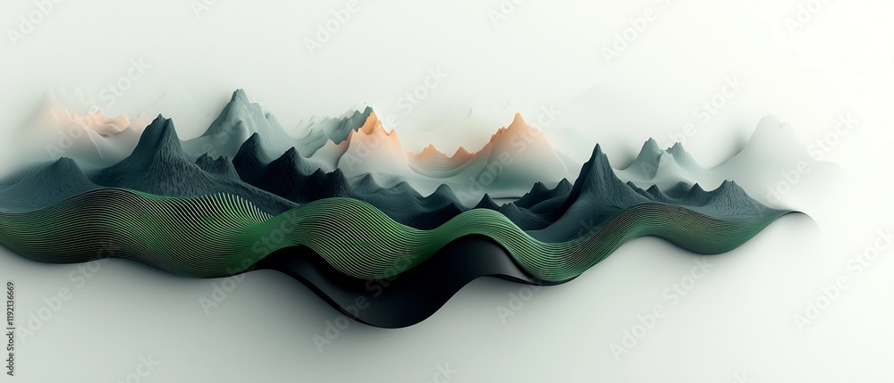 Poster enigmatic mountainscape a surreal 3d rendered landscape with undulating green linear structures mesm