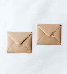 Aerial shot of two tan mailers, with both sides visible on a white surface.
