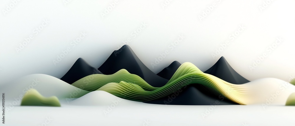 Poster enigmatic surreal landscape with undulating mountainous waves and radiant green linear structures