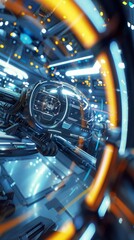 Futuristic technology in motion: close-up of a high-tech engine. Concept of Science Fiction Day