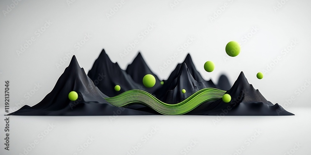 Poster enigmatic mountainous landscape with luminous green spheres and dynamic wave patterns