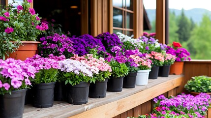 Vibrant potted flowers displayed on a wooden shelf outside a rustic building.