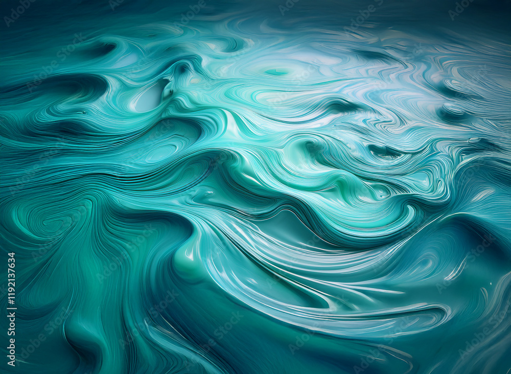 Poster abstract swirling teal and white patterns create a mesmerizing, fluid background. the dynamic, organ