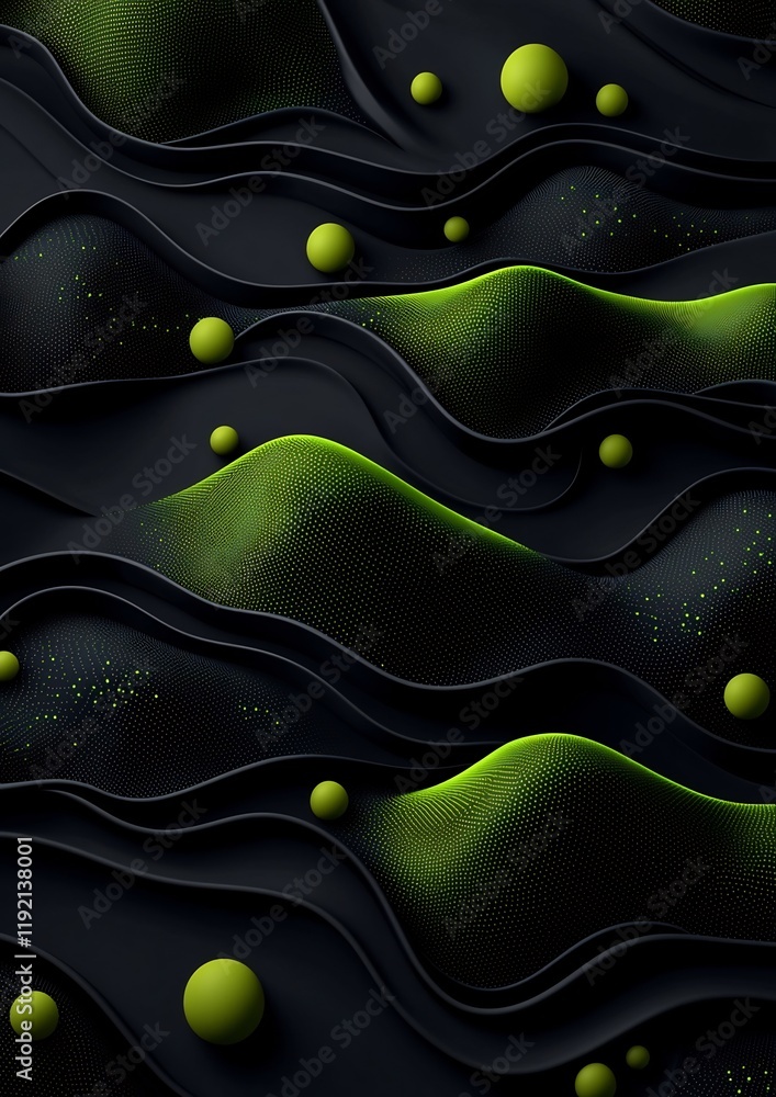 Aufkleber eerie pulsating green dot and line patterns contouring surreal hill like shapes on dark backdrop