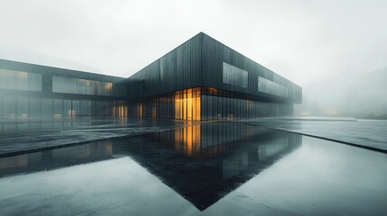 Fototapeta premium Modern architectural design in a misty landscape.