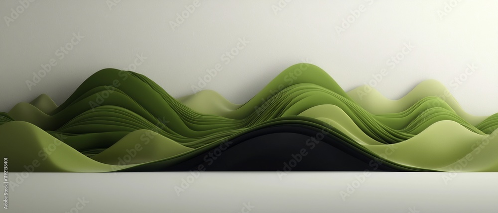 Poster enigmatic abstract landscape with radiant green linear structures and undulating wave textures