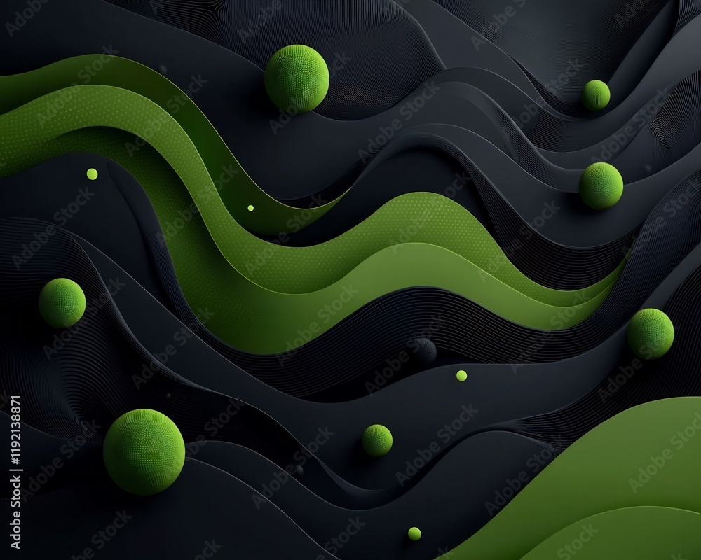 Poster otherworldly algorithmic terrain undulating green waves in ethereal darkness