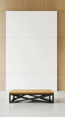 Modern minimalist design featuring a blank canvas on a wooden wall with a simple table