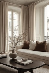 Serene Parisian Apartment Interior: Minimalist Living Room with Beige and Brown Accents