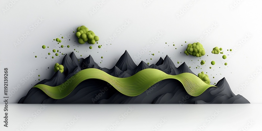 Poster surreal brooding vista with shimmering green geometric shapes and captivating wave like motifs in 3d