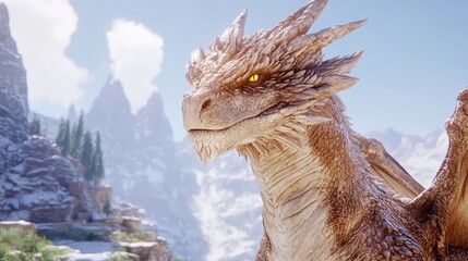 Obraz premium A majestic dragon perched in a fantasy landscape, surrounded by towering mountains.