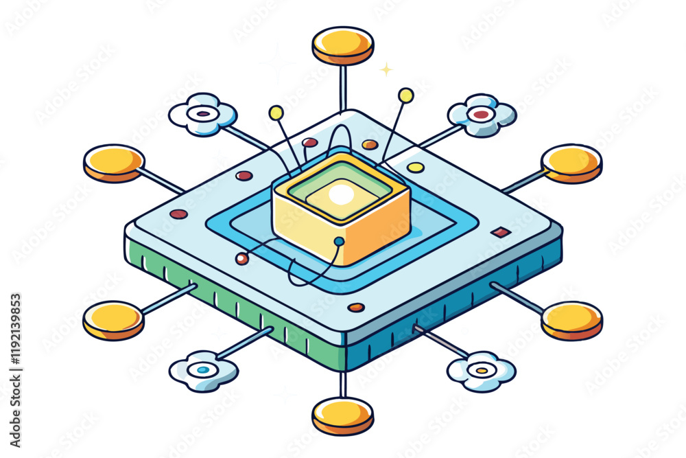 Wall mural vibrant 3d illustration of a quantum processor with glowing nodes, emphasizing futuristic computing,