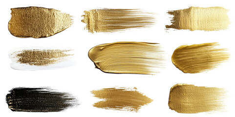 Gold-colored artistic brush strokes isolated on transparent background for creative projects.