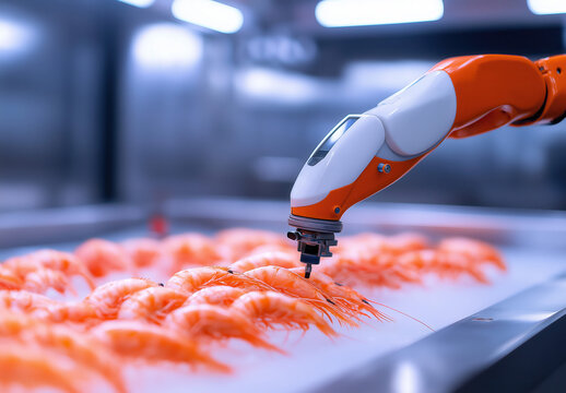 Automated shrimp processing seafood industry robotics industrial environment close-up view technology innovation