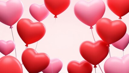 Valentine's Day C4D 3D Rendered Scene with Red and Pink Heart-Shaped Balloons Surrounding a Spacious Center on a Solid Background