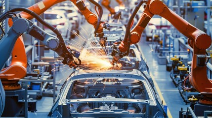 A dynamic view of a factory floor with robotic arms assembling automotive components in an automotive manufacturing plant, Automotive assembly scene, Robotic automation style