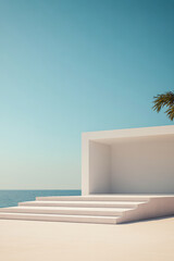 Modern minimalist architecture overlooking calm ocean waters at sunset