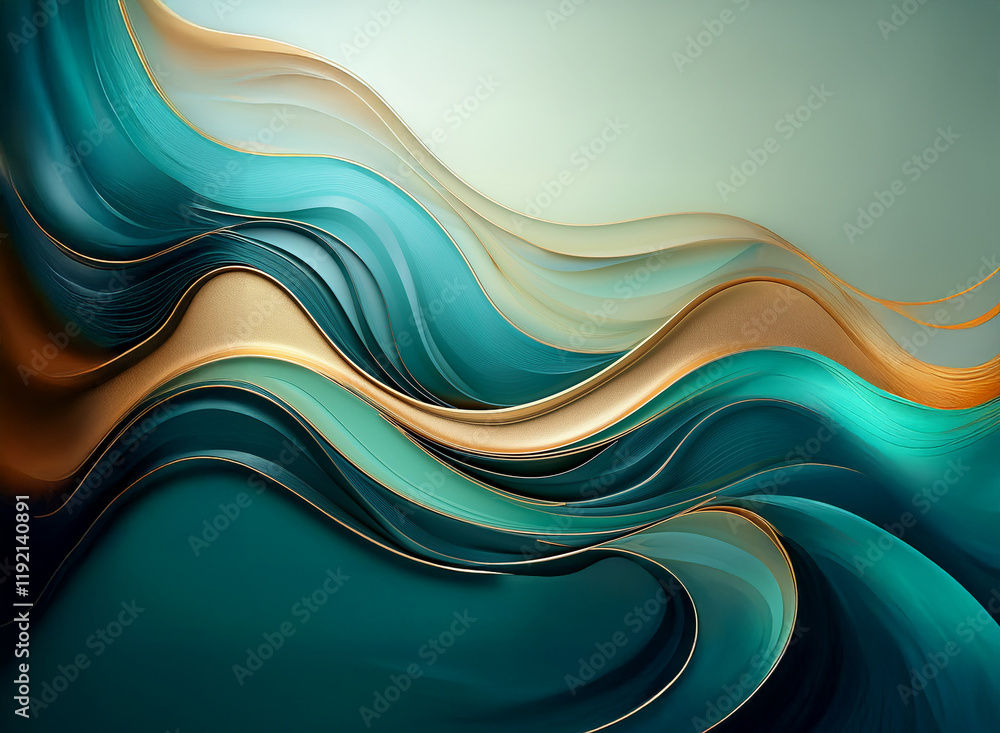 Poster fluid teal and gold abstract artwork. swirling, flowing lines create a dynamic composition against a