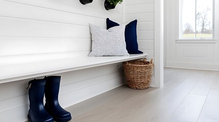 White entryway bench with navy blue rain boots, pillows, and wicker basket.
