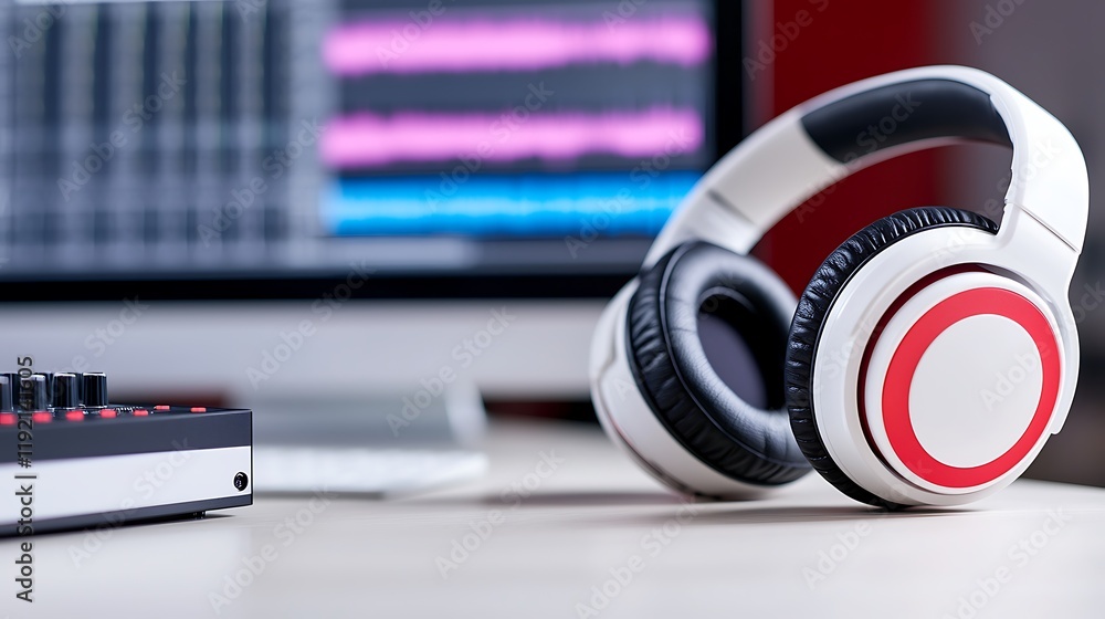 Poster white headphones rest on a desk near a computer screen displaying audio waveforms and a midi control
