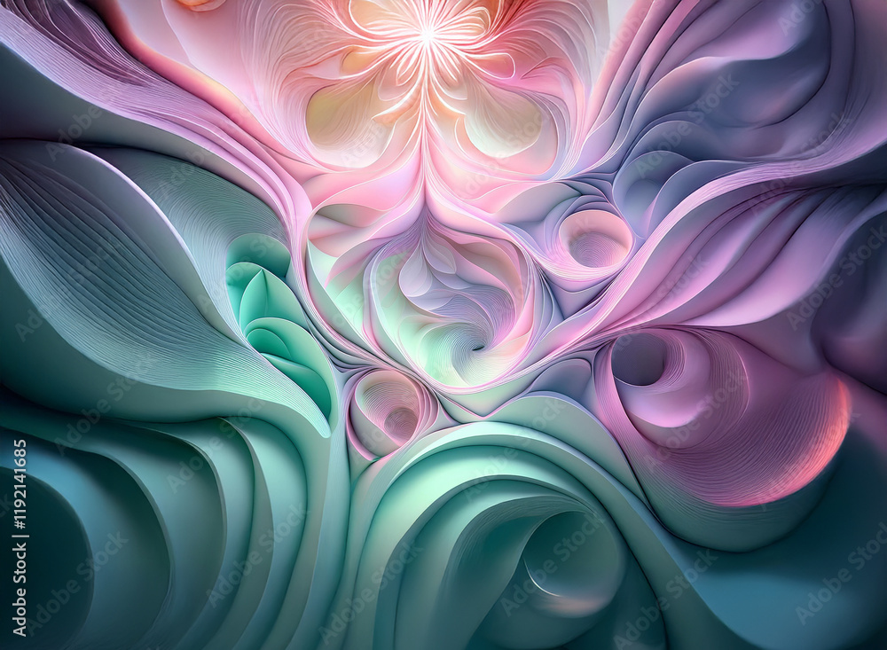 Poster abstract pastel artwork featuring swirling, layered forms creating a mesmerizing, organic compositio