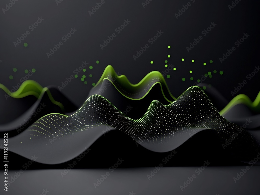 Poster pulsating green dot patterns on ominous black backdrop in 3d render