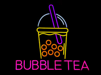 Neon sign bubble tea in speech bubble frame isolated on black wall background 3d render. Light banner on the wall backdrop. Bubble tea loop refreshing beverage, design template, night neon signboard