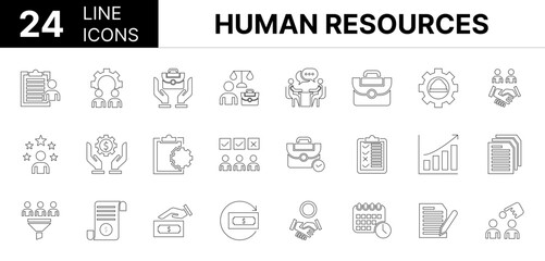 Collection of 24 Human resources line icons featuring editable strokes. These outline icons depict various modes of Human resources, activity, approval, approved, associate, be of use, business, colla