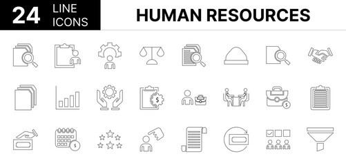 Collection of 24 Human resources line icons featuring editable strokes. These outline icons depict various modes of Human resources, activity, approval, approved, associate, be of use, business, colla