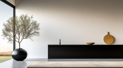 Modern interior design showcasing minimalist decor with natural elements in a serene setting