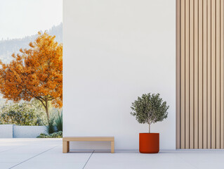 Modern outdoor space featuring vibrant foliage with a minimalist design and natural elements