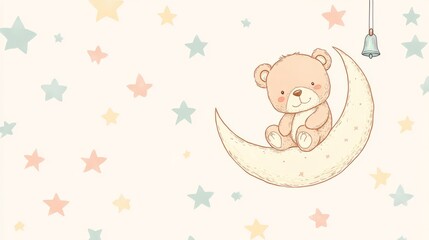 Fototapeta premium Cute bear sitting on crescent moon surrounded by pastel stars, perfect for children's decor.