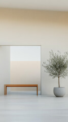 Minimalist interior design featuring a bench and an olive tree in a bright space