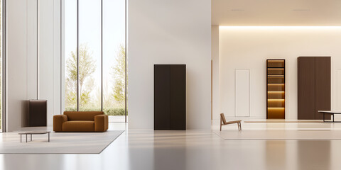Modern interior design featuring minimalist furniture in a spacious living area with natural light