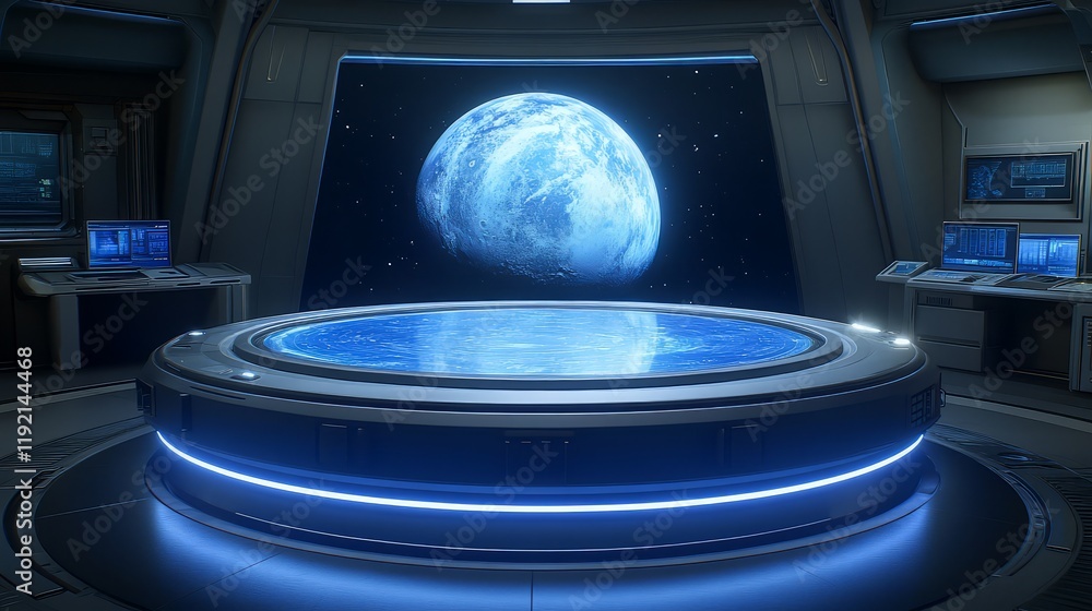 Poster futuristic control room with a view of earth from space, featuring advanced technology.