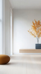 Minimalist indoor space featuring a decorative tree and modern furnishings in soft lighting