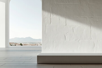 Bright interior corner showcasing textured wall and stunning mountain view at midday