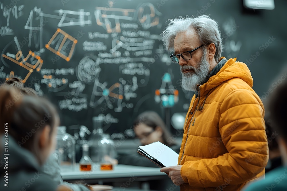 Poster analytical classroom:professor lecturing on complex mathematical equations and diagrams
