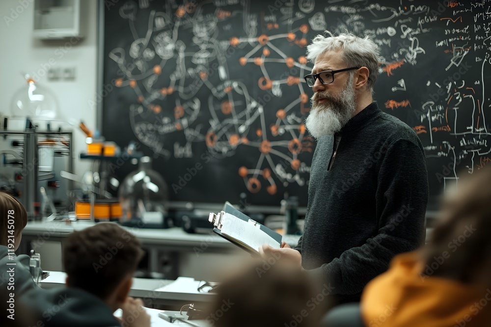 Poster chalkboard filled with complex mathematics equations and diagrams,professor instructing engaged stud