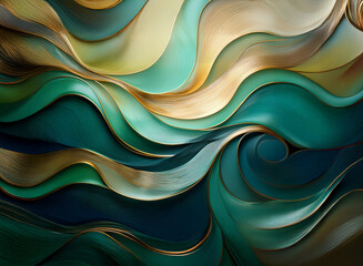 Abstract artwork featuring swirling, metallic teal, green, and gold waves against a dark background.  The fluid, layered design creates a sense of depth and movement.