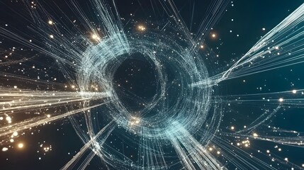 A stunning futuristic digital network visualization with interconnected, glowing nodes and lines forming a complex data network. The composition uses a rich blue color palette, with bright dots of lig