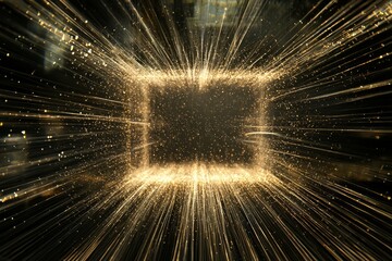An abstract shot of a floating frame constructed from thin strands of glowing fiber optics, with streaks of light radiating outward in the dark 