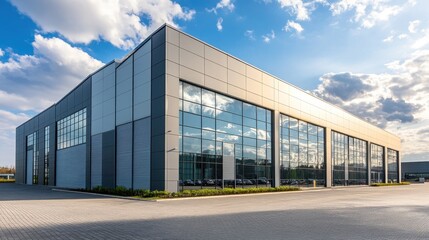 Fototapeta premium Modern warehouse with large glass facade under blue sky. Perfect for real estate, business, and industry concepts.