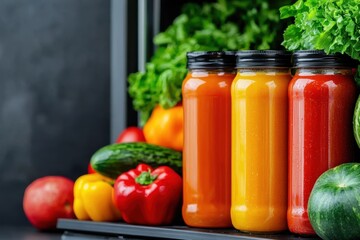 Colorful jars of fresh juices sit amid a vibrant display of fruits and vegetables, showcasing healthy eating and nutrition.