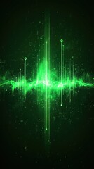 Abstract green energy wave with glowing lines and particles on dark background.